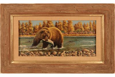 GUY COHELEACH (AMERICAN BORN 1933) BROWN BEAR CATCHING SALMON Oil on board, 5.5 x 11.25 inches/Signed lower left