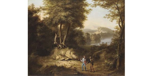 Thomas Cole, Hunters in a Landscape, 1824-25, 28 1/4” x 35 1/2”, Oil on canvas, Thomas Cole National Historic Site, Gift of Dr.  Susan Gates Austin Warner