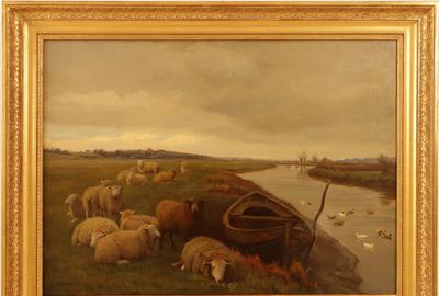 William Sidney Cooper (British 1854 – 1927) Sheep by a Boat and Stream with Ducks - Oil on canvas, 21 x 28.75 inches/Signed lower left