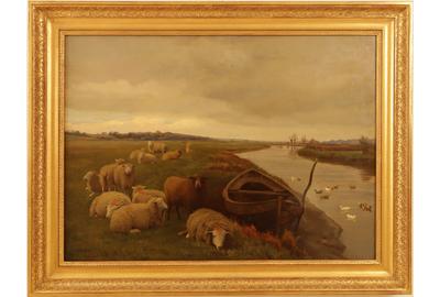 William Sidney Cooper (British 1854 – 1927) Sheep by a Boat and Stream with Ducks - Oil on canvas, 21 x 28.75 inches/Signed lower left