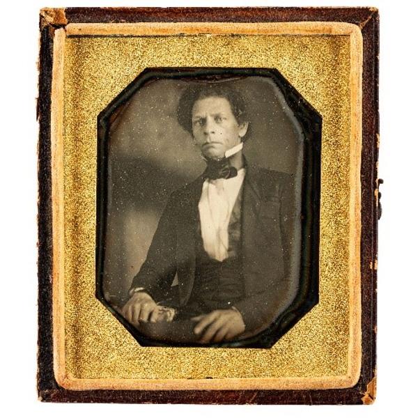 Sixth plate daguerreotype of Joseph Jenkins Roberts, the first and seventh president of Liberia.  N.p., ca 1840s.  Price Realized: $13,750