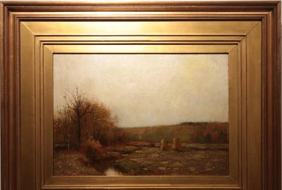 Bruce (Robert Bruce) Crane (American 1857 - 1937): Autumn Landscape - Oil on canvas, 13.5 x 19.75 inches/Signed lower left