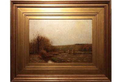 Bruce (Robert Bruce) Crane (American 1857 - 1937): Autumn Landscape - Oil on canvas, 13.5 x 19.75 inches/Signed lower left