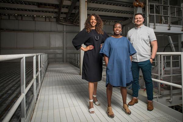 Photo of State of the Art II Curators (left to right) Allison Glenn, Lauren Haynes, and Alejo Benedetti at the Momentary, courtesy of Crystal Bridges Museum of American Art