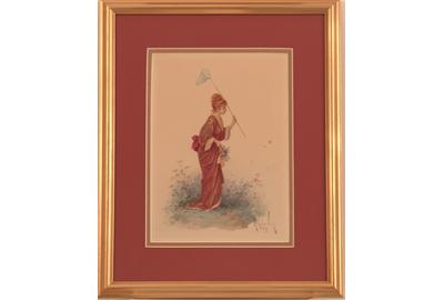 Lois Robert de Cuvillon (1848 - 1931): Catching Butterflies - Watercolor, 9.75 x 6.25 inches/Signed lower right