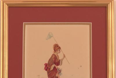 Lois Robert de Cuvillon (1848 - 1931): Catching Butterflies - Watercolor, 9.75 x 6.25 inches/Signed lower right