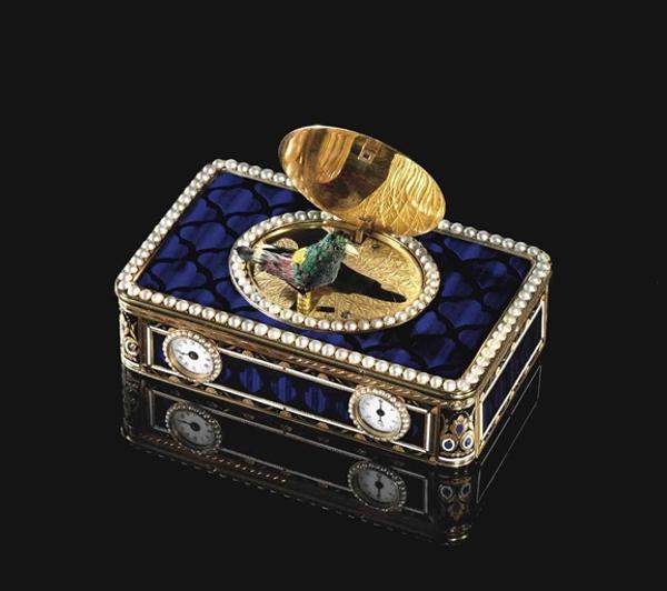 A Swiss Gold, Enamel and Pearl-Set Singing-Bird Box with Watch Movement