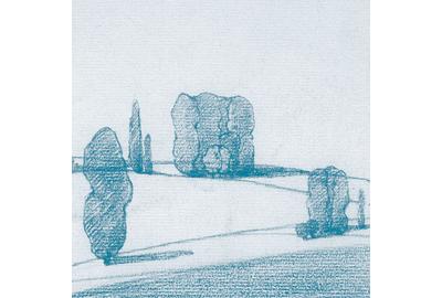 Leon Dabo, Groups of Trees in a Raking Light, colored crayon on paper, 5.5 x 7.75 inches