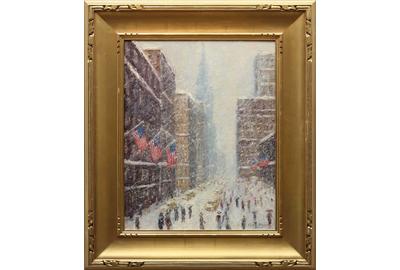 MARK DALY (AMERICAN 1956 - ) BLIZZARD ON 42ND STREET Oil on board, 20.5 x 16 inches/Signed lower right