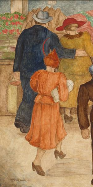 DETAIL: Virginia Darcé (born Portland, Oregon, 1910; died Los Angeles, California, 1985).  The Market, 1938.  Tempera on board, 22 ½ x 30 ½ inches.  Portland Art Museum, Portland, Oregon, Courtesy of the Fine Arts Collection, US General Services Administration, New Deal Art Project, L45.3.2