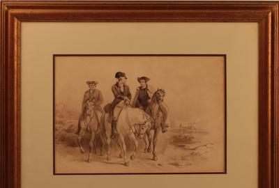 Felix Octavius Carr Darley (American 1822 – 1888) ( aka F.  O.  C.  Darley ): Washington, Henry and Pendleton Going to the First Congress - Sepia and ink wash, 10 x 14.25 inches / Signed lower left 