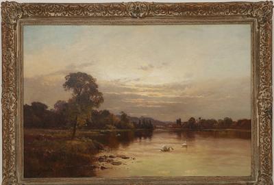 Alfred De Breanski, Sr.  (British 1852 – 1928): Swans on the Thames - Oil on canvas, 23.5 x 35.25 inches/Signed lower left