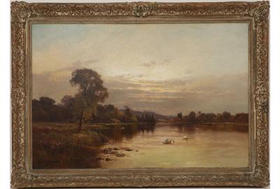 Alfred De Breanski, Sr.  (British 1852 – 1928): Swans on the Thames - Oil on canvas, 23.5 x 35.25 inches/Signed lower left