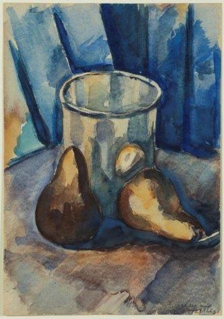 From Kraushaar Galleries: Marsden Hartley 1877-1943.  A GLASS AND TWO PEARS, c1926 watercolor on paper 9.625 x 6,