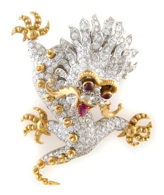 Selling for $67,100, this brooch, circa 1968, by Donald Claflin for Tiffany & Co., depicts a Chinese dragon with pave diamonds and rubies for eyes.