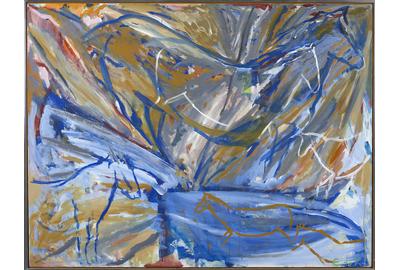 Elaine de Kooning, Six Horses: Blue Wall, 1987, acrylic on canvas, 46 x 60 inches.