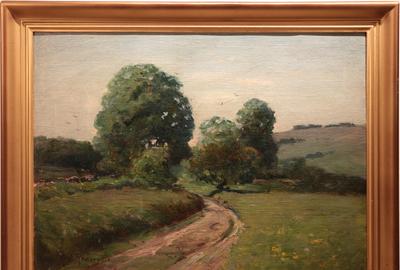 Edmund Clarence Messer (American 1842 – 1919) Path Home Oil on board, 17.5 x 23.5 inches / Signed lower left