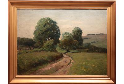 Edmund Clarence Messer (American 1842 – 1919) Path Home Oil on board, 17.5 x 23.5 inches / Signed lower left