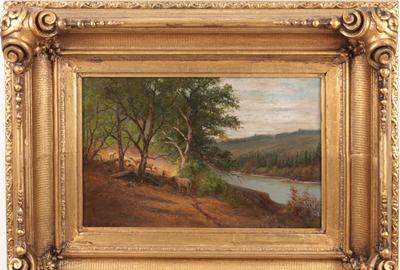 EDWARD HILL (AMERICAN 1843 – 1923) SHEEP ALONG THE RIVER Oil on canvas, 8.75 x 13.25 inches/Signed lower left