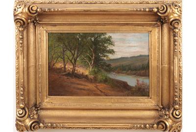 Edward Hill (American 1843 – 1923): Sheep along the River - Oil on canvas, 8.75 x 13.25 inches/Signed lower left