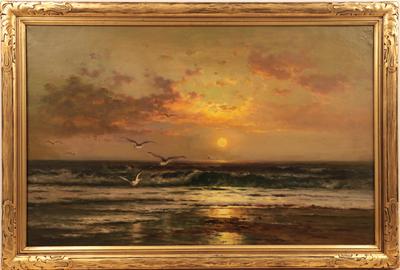 EDWARD MORAN (AMERICAN, 1829 – 1901) BREAKERS AT SUNSET Oil on canvas, 27.5 x 43.5 inches / Signed lower left