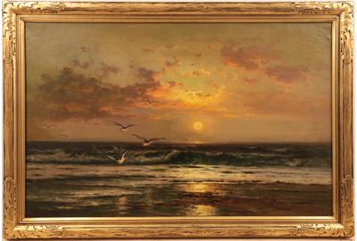 EDWARD MORAN (AMERICAN, 1829 – 1901) BREAKERS AT SUNSET Oil on canvas, 27.5 x 43.5 inches / Signed lower left