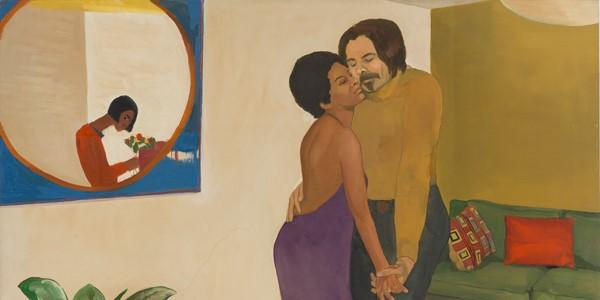 Emma Amos (American, 1937 – 2020), “Sandy and Her Husband,” 1973.  Oil on canvas, 44 1⁄4 × 50 1/4 inches.  Cleveland Museum of Art; John L.  Severance Fund, 2018.24.  