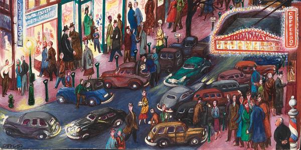 Lucille Corcos, Everybody’s Downtown, 1948, tempera on board, 14-1/2 x 11-1/8 inches.  Collection of David and Susan Werner