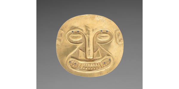 Ornament from Sitio Conte: Small Plaque c.  400-500.  Panama, Conte style, 5th - 10th century.  Hammered gold.  9.3 x 10 cm (3 11/16 x 3 15/16 in.) The Norweb Collection 1951.155