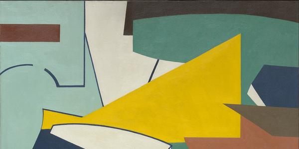 Ralston Crawford (1906-1978), Factory with Yellow Center Shape, 1947, oil on canvas, 28 x 40 in.  Vilcek Collection, VF2013.01.01