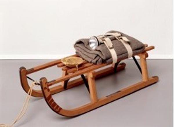 Joseph Beuys, Sled, 1969.  Wooden sled, felt, fabric straps, flashlight, fat, oil paint, string 13 3/4 by 35 7/16 by 13 3/4 in.  34.93 by 90 by 34.93 cm.  Courtesy of Mitchell-Innes & Nash, NY.  