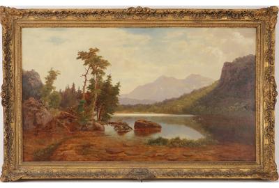 Thomas J.  Fenimore (1842 - 1873): River Scene with Boaters - Oil on canvas on board, 23.5 x 41.5/ Signed lower right