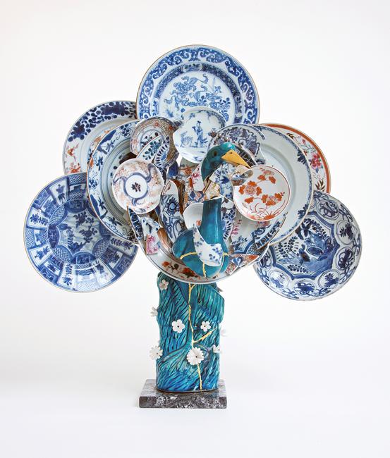 Bouke de Vries, Peacock 1.  20th century Chinese porcelain bird, 18th century Chinese porcelain fragments and mixed media