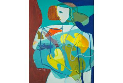 Anya Fisher, White Faced Woman Facing Left With Teal Background, circa 1970's, oil on canvas, 30 x 24, signed lower left