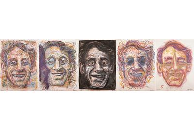 Robert Arneson Five Times for Harvey, 1982 Mixed media on paper Each 30 x 24 inches Gift of J.  Michael Bewley © Estate of Robert Arneson, 2018, licensed by VAGA, New York; Image by Douglas Sandberg.