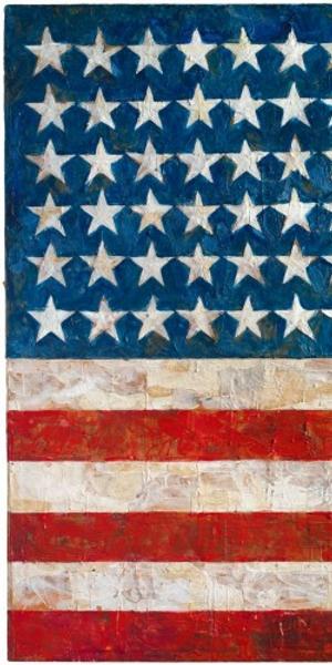 "Flag," 1954-55, by Jasper Johns.  Encaustic, oil, and collage on fabric mounted on wood (3 panels), 41.25 X 60.75 in.  (104.8 x 154.3 cm).  The Museum of Modern Art, New York, NY; Gift of Philip Johnson in honor of Alfred H.  Barr, Jr.  © Jasper Johns / Licensed by VAGA at Artists Rights Society (ARS), New York, NY.