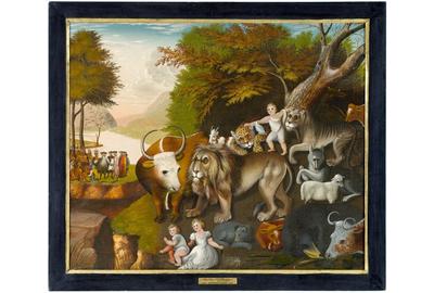 Attributed to Edward Hicks (1780–1849), United States, The Peaceable Kingdom with the Leopard of Serenity, 1835–40, oil on canvas, 26 x 29 ½ in.  (66 x 74.9 cm), Courtesy of the Barbara L.  Gordon Collection