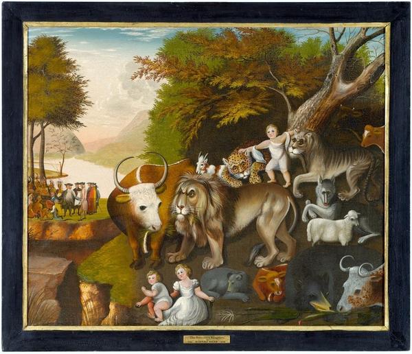 Attributed to Edward Hicks (1780–1849), United States, The Peaceable Kingdom with the Leopard of Serenity, 1835–40, oil on canvas, 26 x 29 ½ in.  (66 x 74.9 cm), Courtesy of the Barbara L.  Gordon Collection