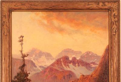 Robert Atkinson Fox (American 1860 – 1935): Sunset in the High Mountains - Oil on canvas, 29.75 x 21.75 inches/Signed lower right