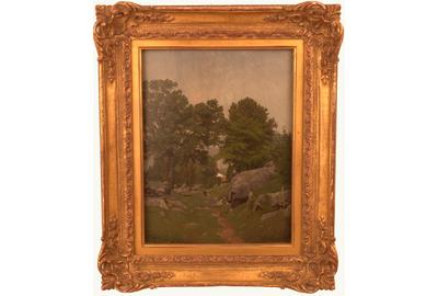 Frank Anderson (American 1844 – 1891): Corner of the Farm - Oil on board, 13.75 x 10.5 inches / Signed lower "FA" lower right; dated July 27, 1865 lower left 