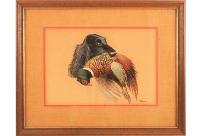 Cocker Spaniel with Pheasant: Watercolor, 19.25 x 8.25 inches/Signed lower left