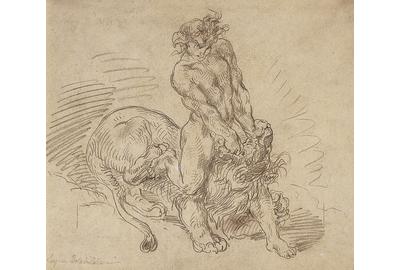 Eugène Delacroix, Hercules Conquering the Nemean Lion, 1849.  Graphite on paper.  Collection of the McNay Art Museum, Bequest of Mrs.  Jerry Lawson.