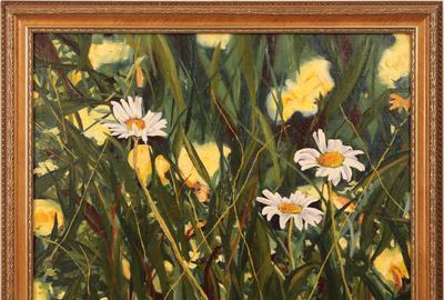 Lisa Geiger (American 20th and 21st century): Yellow Roadside Flowers with Three Daisies - Oil on board, 15.5 x 19.5 inches/Signed lower right