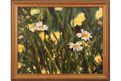 Lisa Geiger (American 20th and 21st century): Yellow Roadside Flowers with Three Daisies - Oil on board, 15.5 x 19.5 inches/Signed lower right