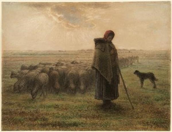 Shepherdess and Her Flock by Jean-François Millet (French, 1814 - 1875) about 1864–1865.  Black chalk and pastel, 36.4 × 47.5 cm (14 5/16 × 18 11/16 in.)