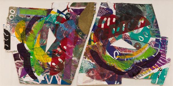 Part of the "Seeing Differently" exhibition, Sam Gilliam, Purple Antelope Space Squeeze, 1987, Diptych: Relief, etching, aquatint and collagraph on handmade paper with embossing, hand-painting and painted collage, 41 1/2 in x 81 5/8 in., The Phillips Collection, Bequest of Marion F.  and Norman W.  Goldin, 2017