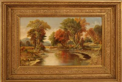 Daniel Charles Grose (American 1838 – 1900): Creek in Fall Landscape - Oil on canvas, 11.75 x 19.75 inches/Signed lower left