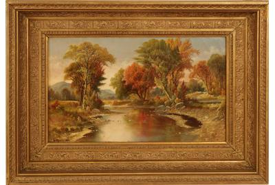 Daniel Charles Grose (American 1838 – 1900): Creek in Fall Landscape - Oil on canvas, 11.75 x 19.75 inches/Signed lower left