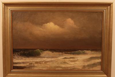 David John Gue (American 1836 - 1917): Stormy Shoreline - Oil on canvas, 20 x 30 inches / Signed lower left 