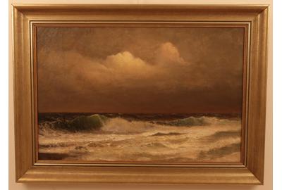 David John Gue (American 1836 - 1917): Stormy Shoreline - Oil on canvas, 20 x 30 inches / Signed lower left 